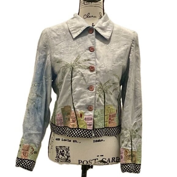 Y2K FUNKY JACKET MIAMI BEACH ART EMBROIDERED CITY DEMIN BLUE COLORS SZ XS RETRO - Picture 2 of 16